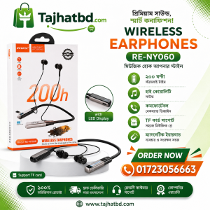 RECRSI RE-NY060 Wireless Neckband Earphones | 200-Hour Battery | HD Calls | Magnetic Design | TF Card Support | Type-C Charging | Sports & Gym Ready